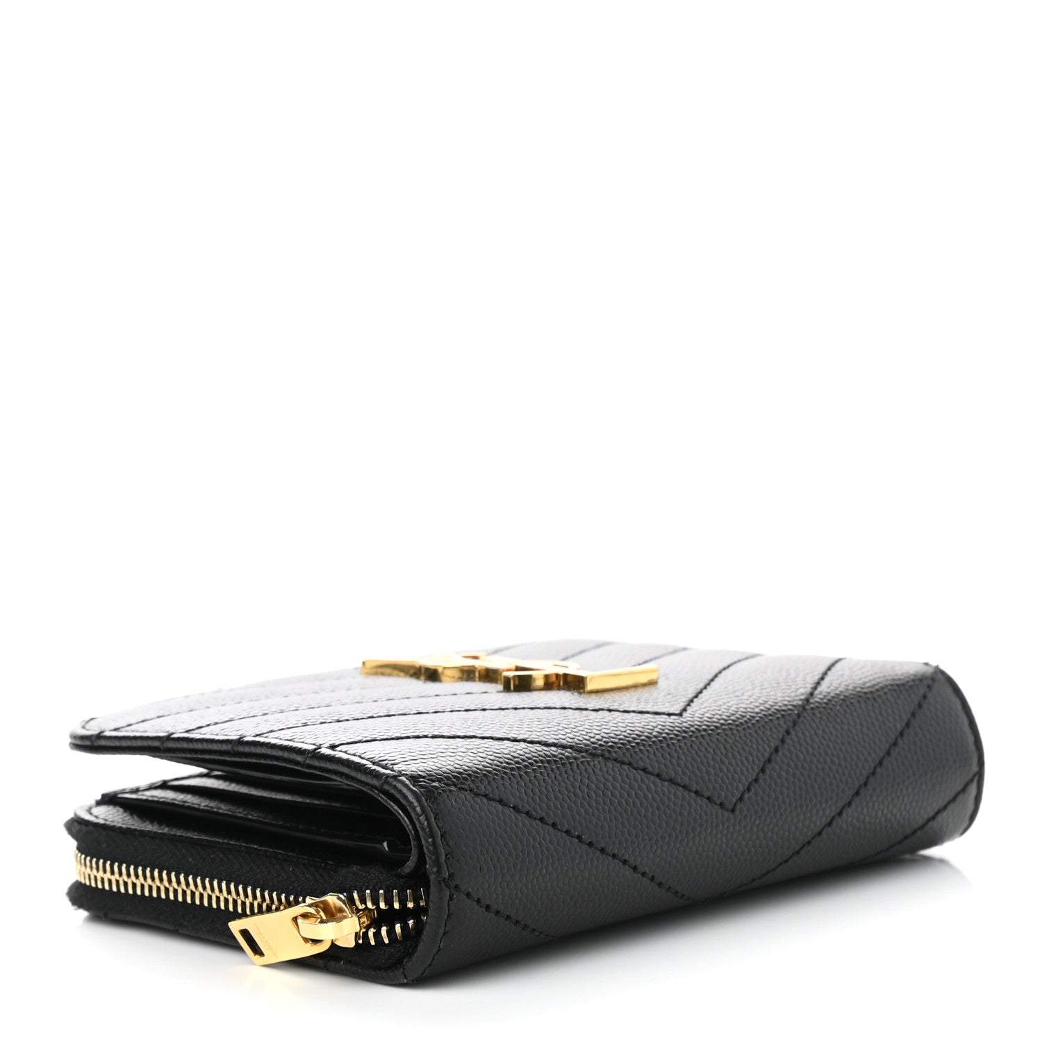 Saint Laurent Grain De Poudre Matelasse Chevron Monogram Compact Zip Around Wallet Black 4 of 9