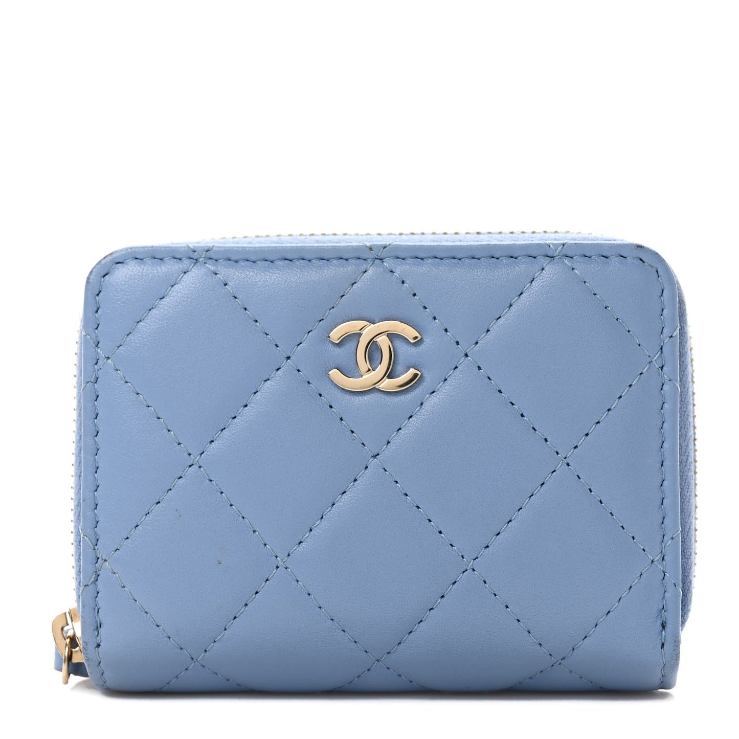 Lambskin Quilted Compact Zipped Wallet Light Blue