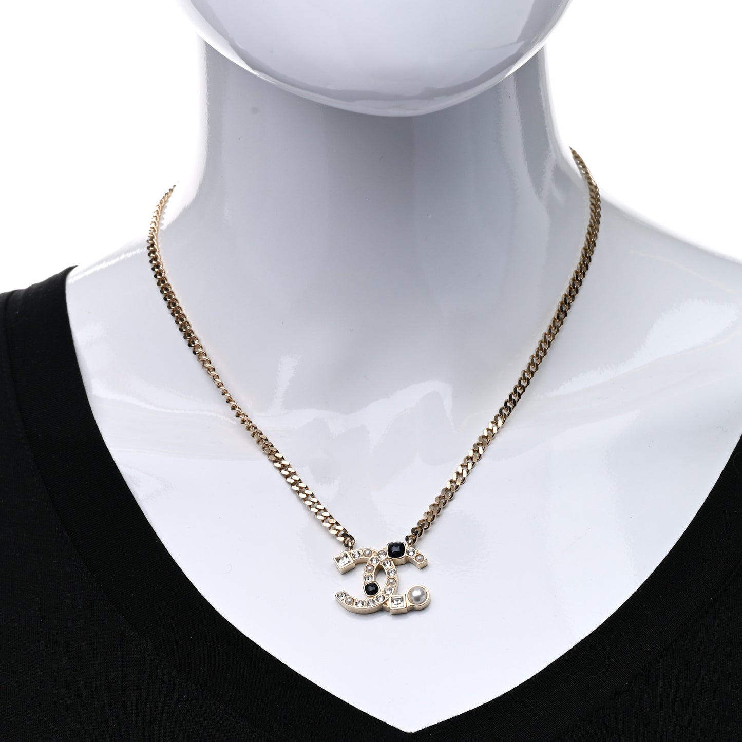 Crystal Pearl Resin CC Chain Necklace Gold Pearly White Black