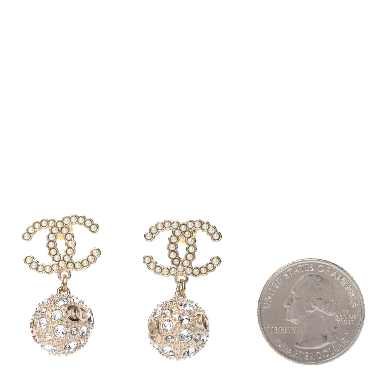 Chanel Crystal Pearl CC Drop Earrings Gold Pearly White 2 of 4