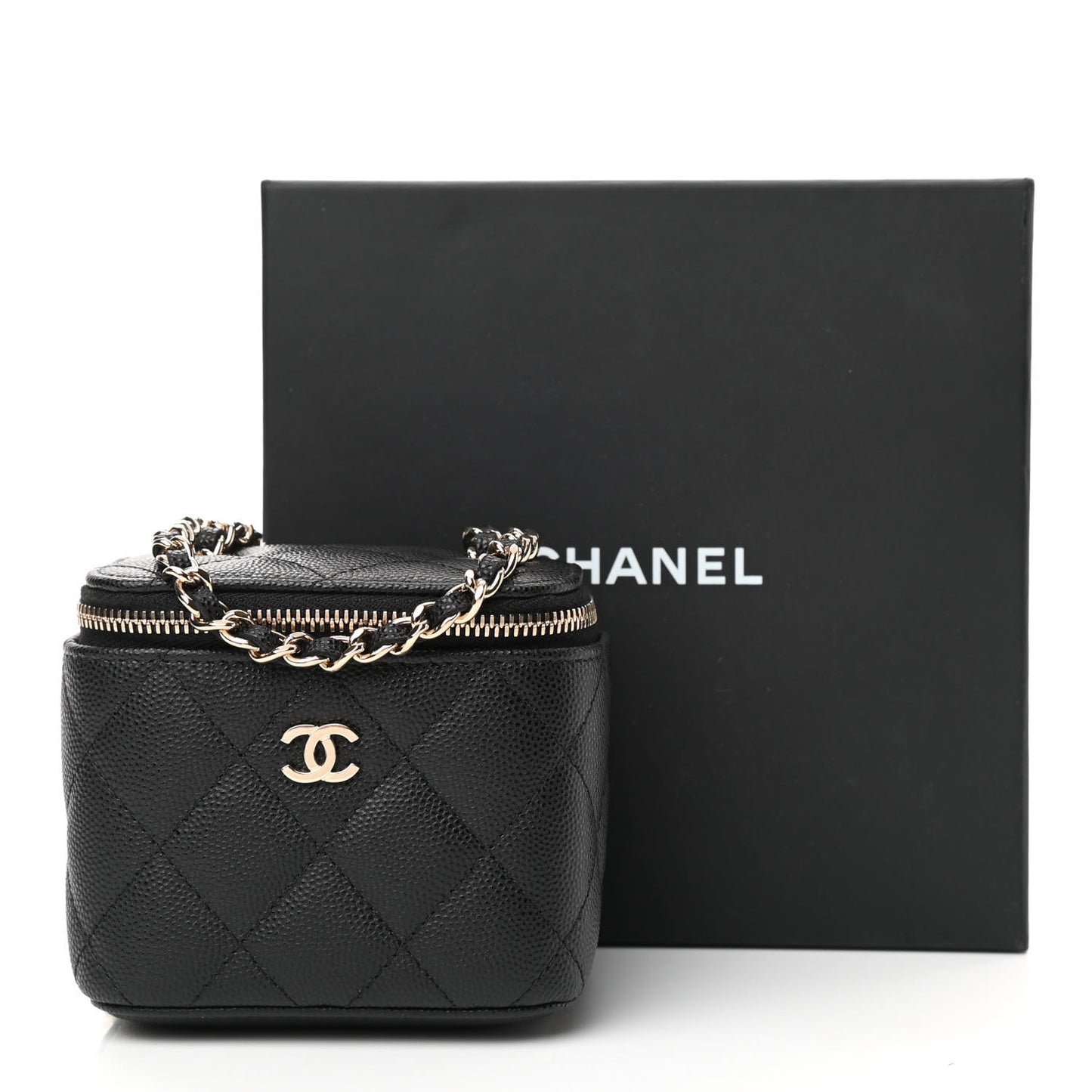 Caviar Quilted Mini Vanity Case With Chain Black
