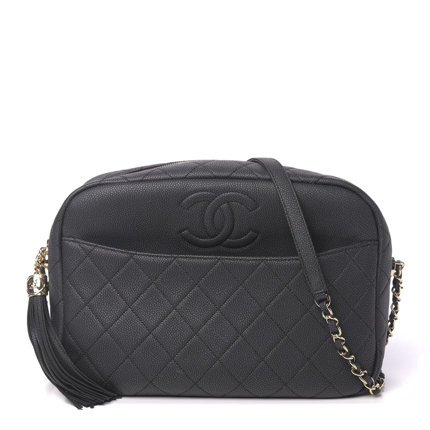 Caviar Quilted Large Coco Tassel Camera Case Black