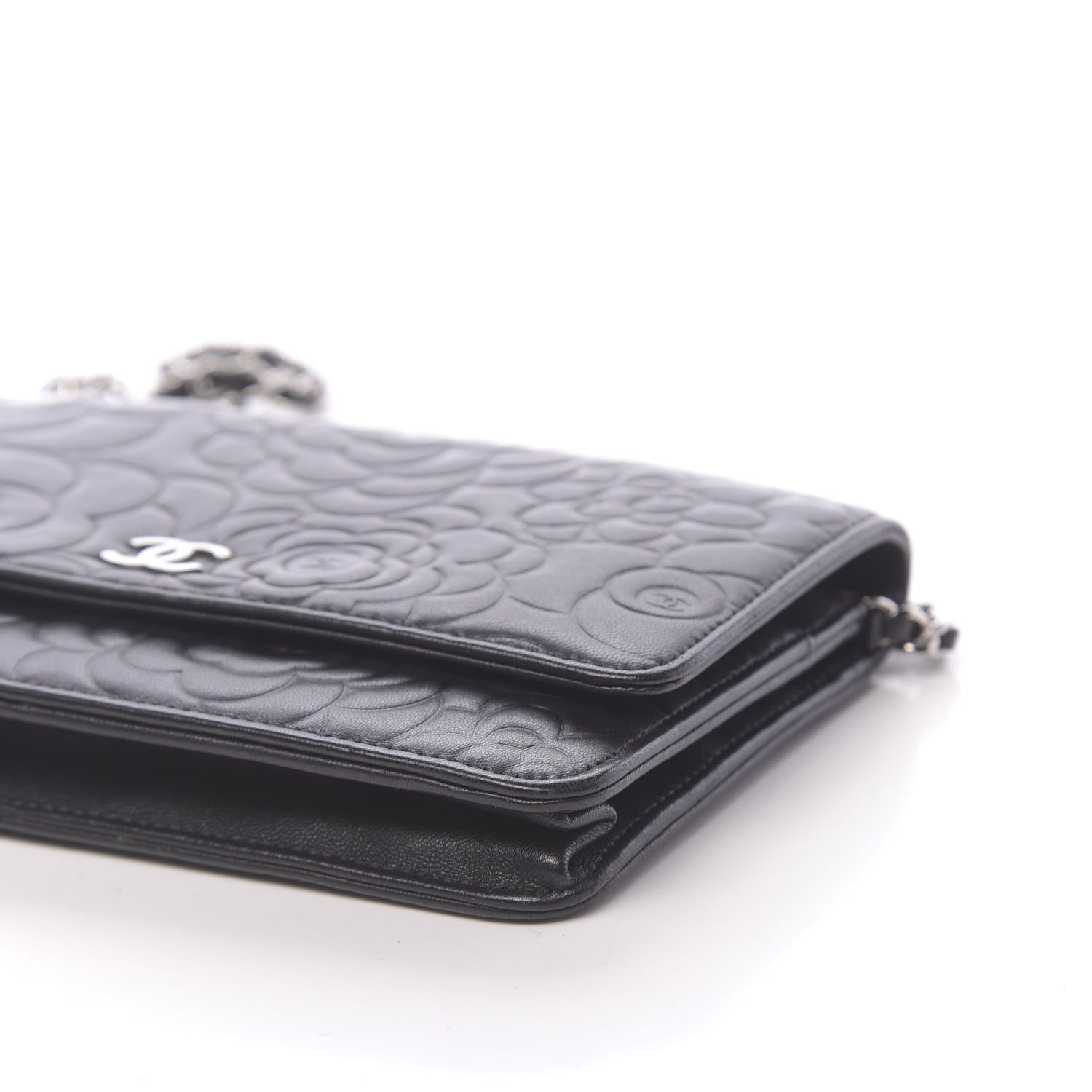 Chanel Lambskin Camellia Embossed Wallet on Chain WOC Black 12 of 13