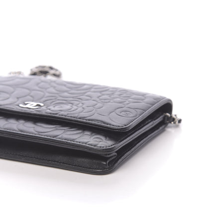 Chanel Lambskin Camellia Embossed Wallet on Chain WOC Black 12 of 13