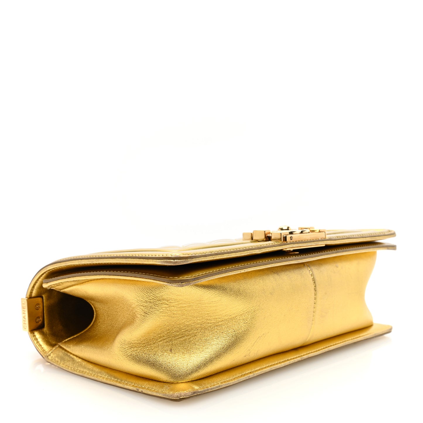 Metallic Patent Calfskin Quilted Medium Boy Flap Gold
