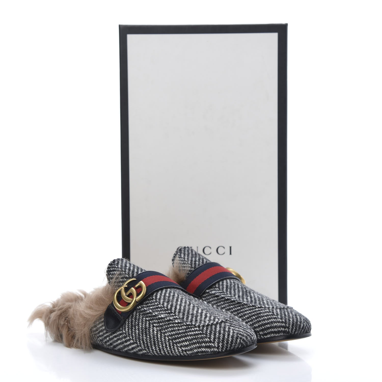 Gucci Herringbone Fur Web GG Mens Princetown Slippers 8 Black White 8 of 8