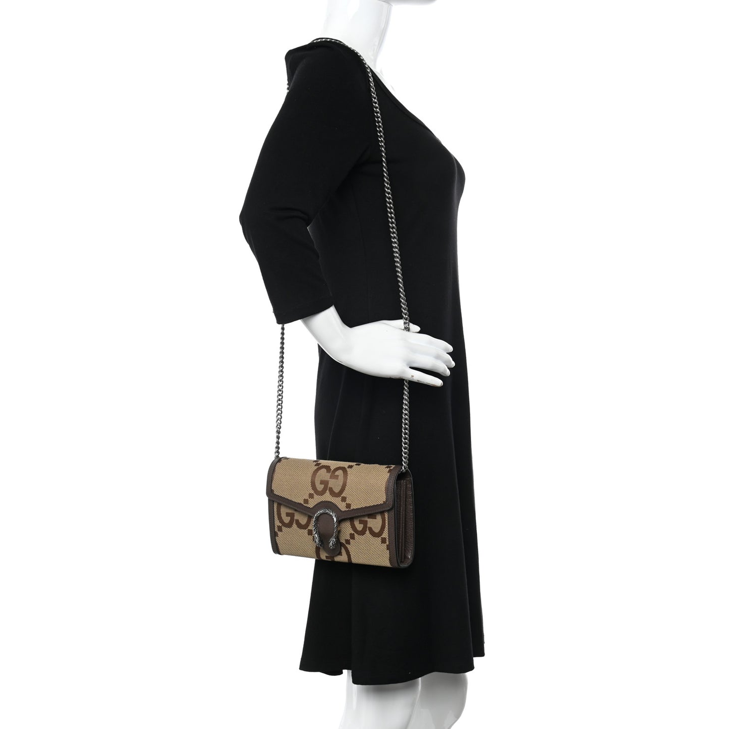 Monogram Jumbo GG Textured Dollar Calfskin Mini Dionysus Chain Wallet Camel Ebony New Acero