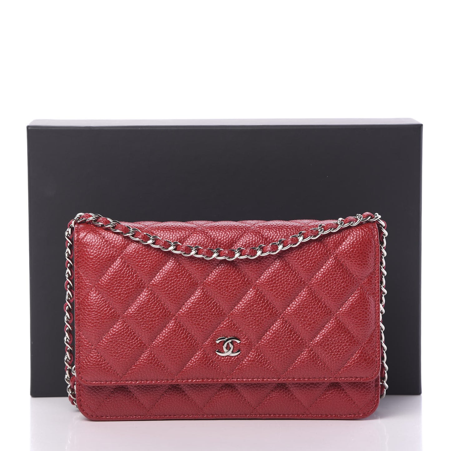 Iridescent Caviar Quilted Wallet On Chain WOC Red
