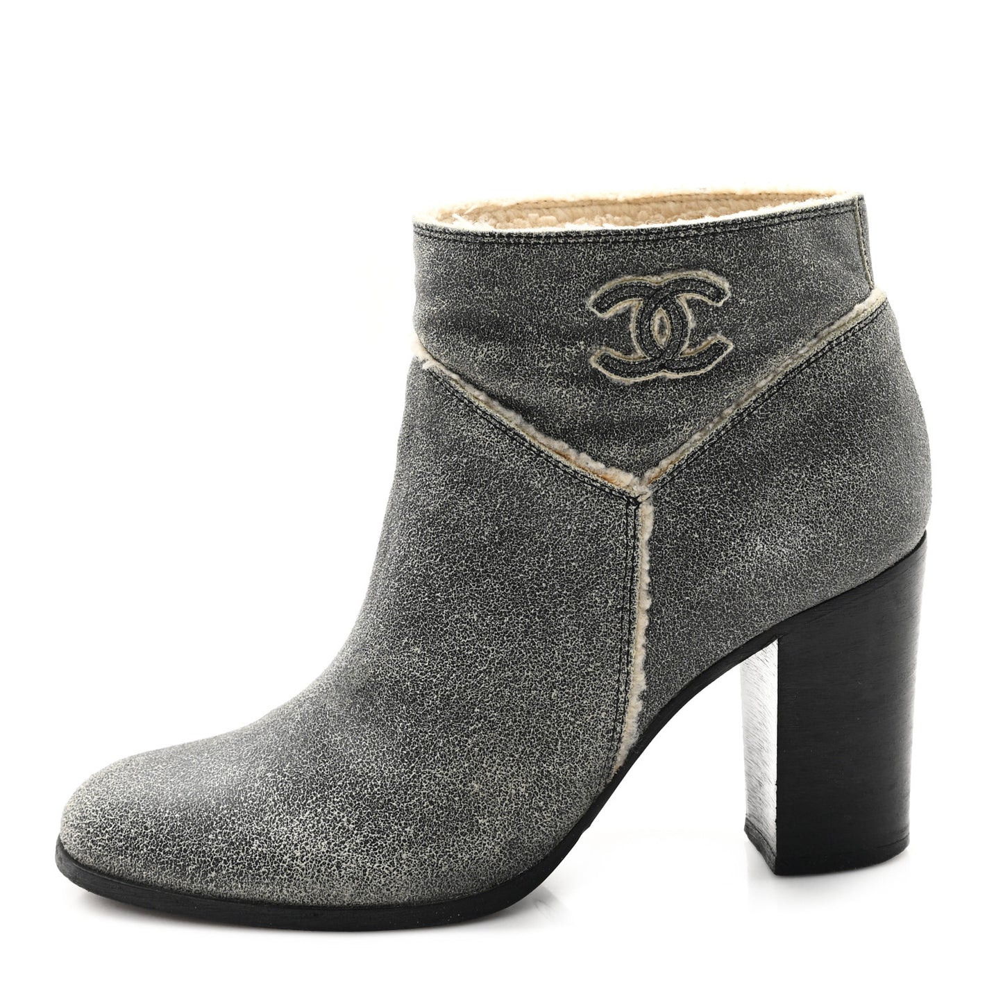 Suede Calfskin Shearling CC Ankle Boots 37 Beige