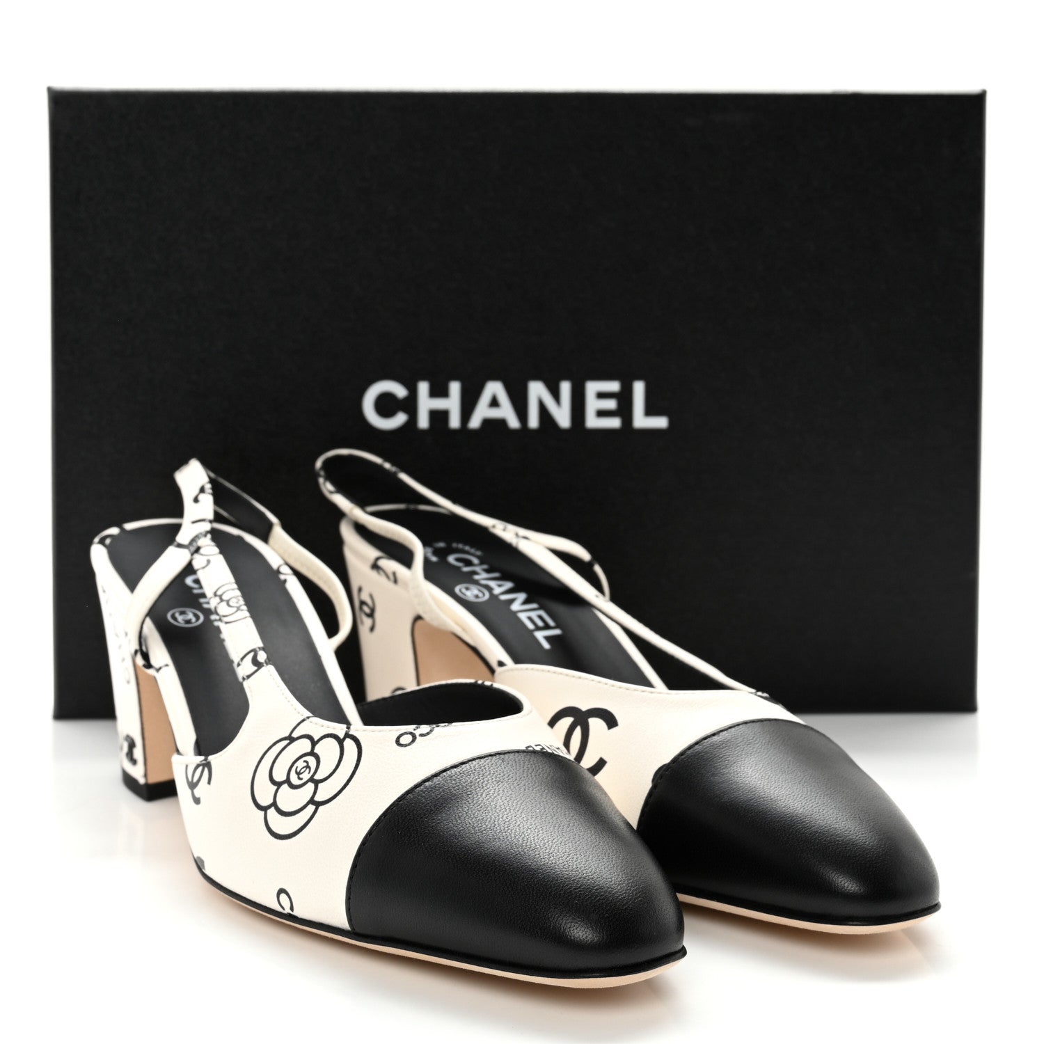 Chanel Printed Lambskin Cap Toe CC Slingback Pumps 39.5 Black White 14 of 14