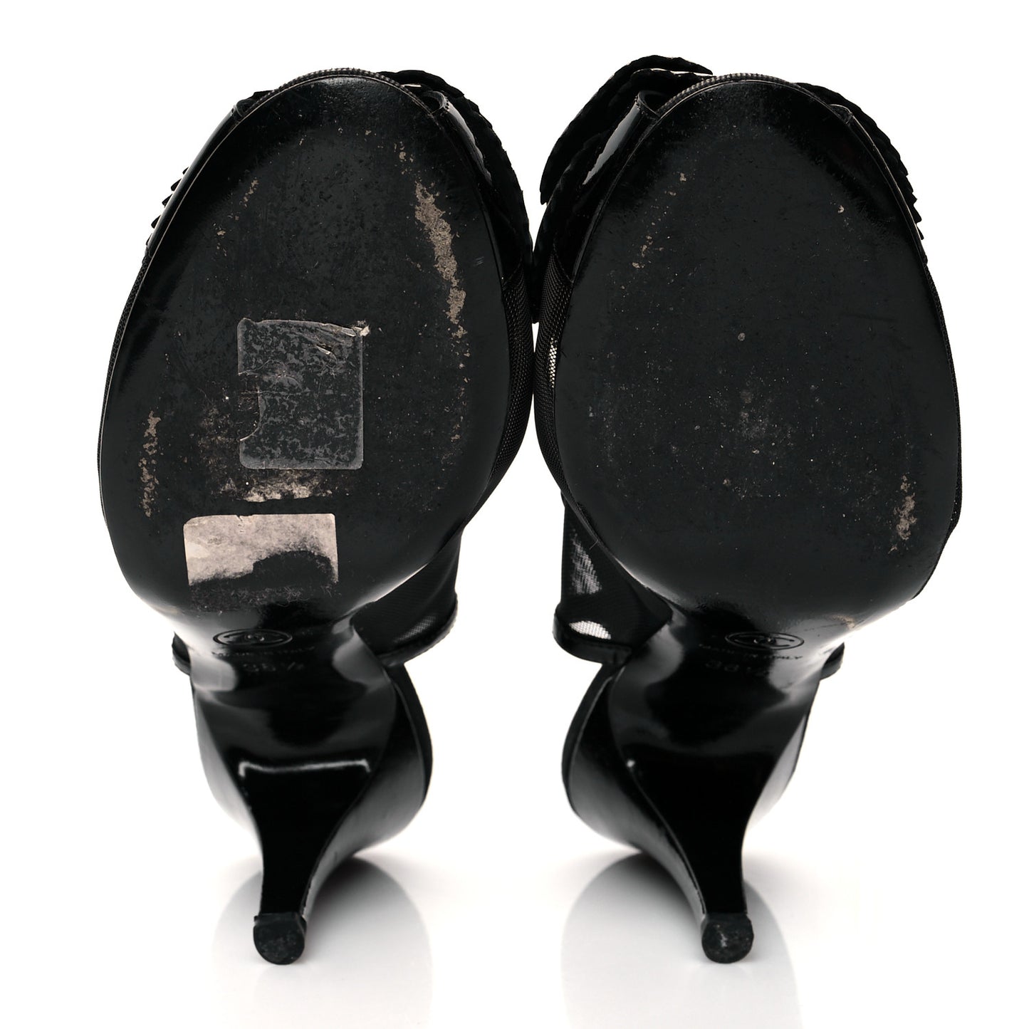 Lambskin Mesh Patent Camellia Slingback Sandals 36.5 Black