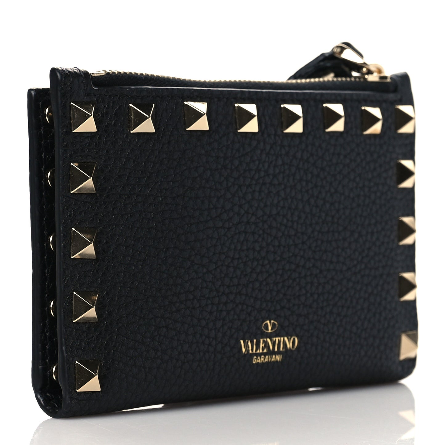 Grainy Calfskin Rockstud Coin Purse Card Holder Black