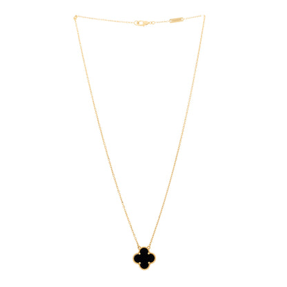 Van Cleef & Arpels 18K Yellow Gold Black Onyx Vintage Alhambra Pendant Necklace 3 of 5