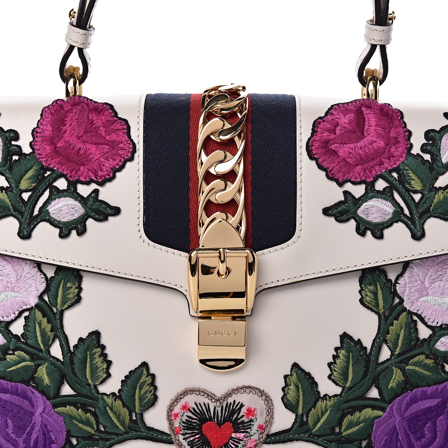 Gucci Calfskin Embroidered Medium Sylvie Top Handle Bag White 10 of 10