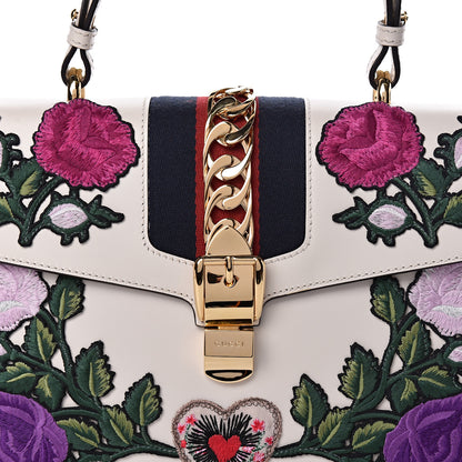 Gucci Calfskin Embroidered Medium Sylvie Top Handle Bag White 10 of 10