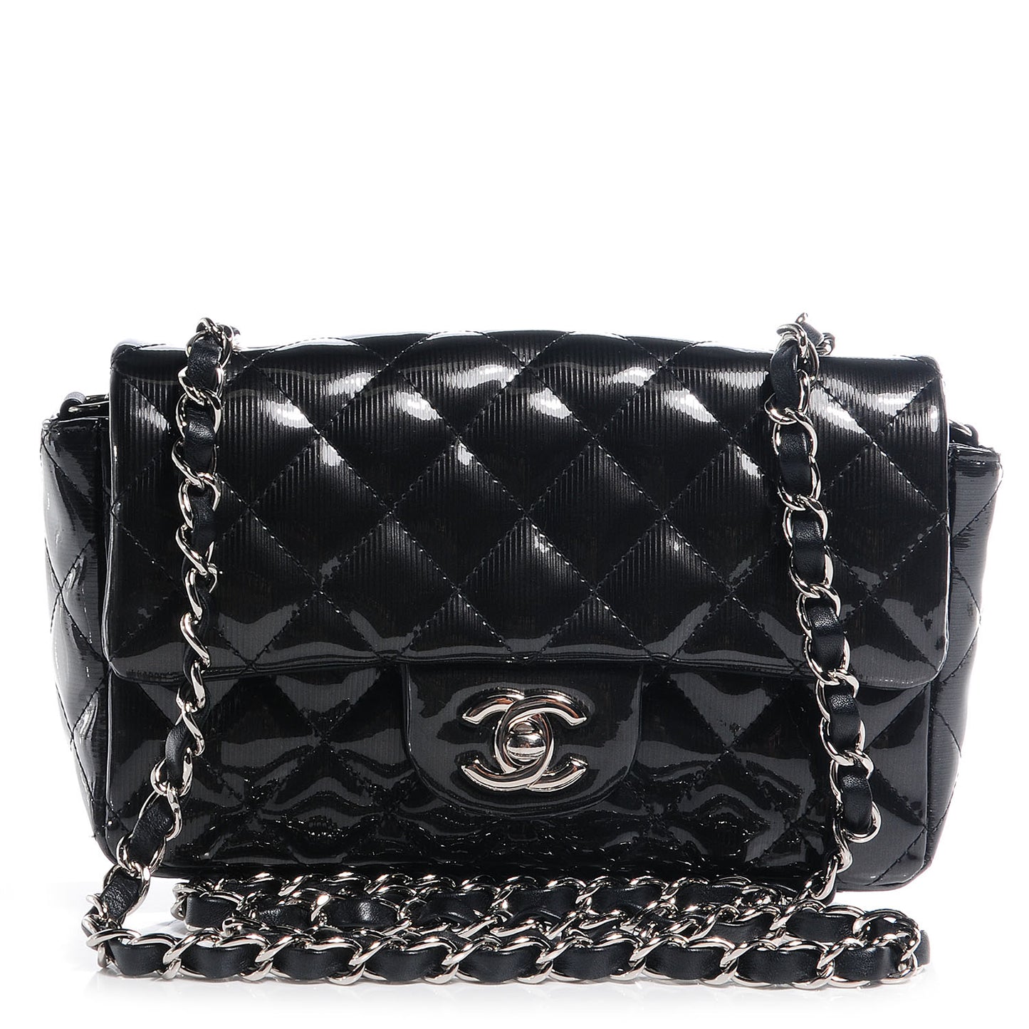 Striated Patent Leather Quilted Mini Flap Black