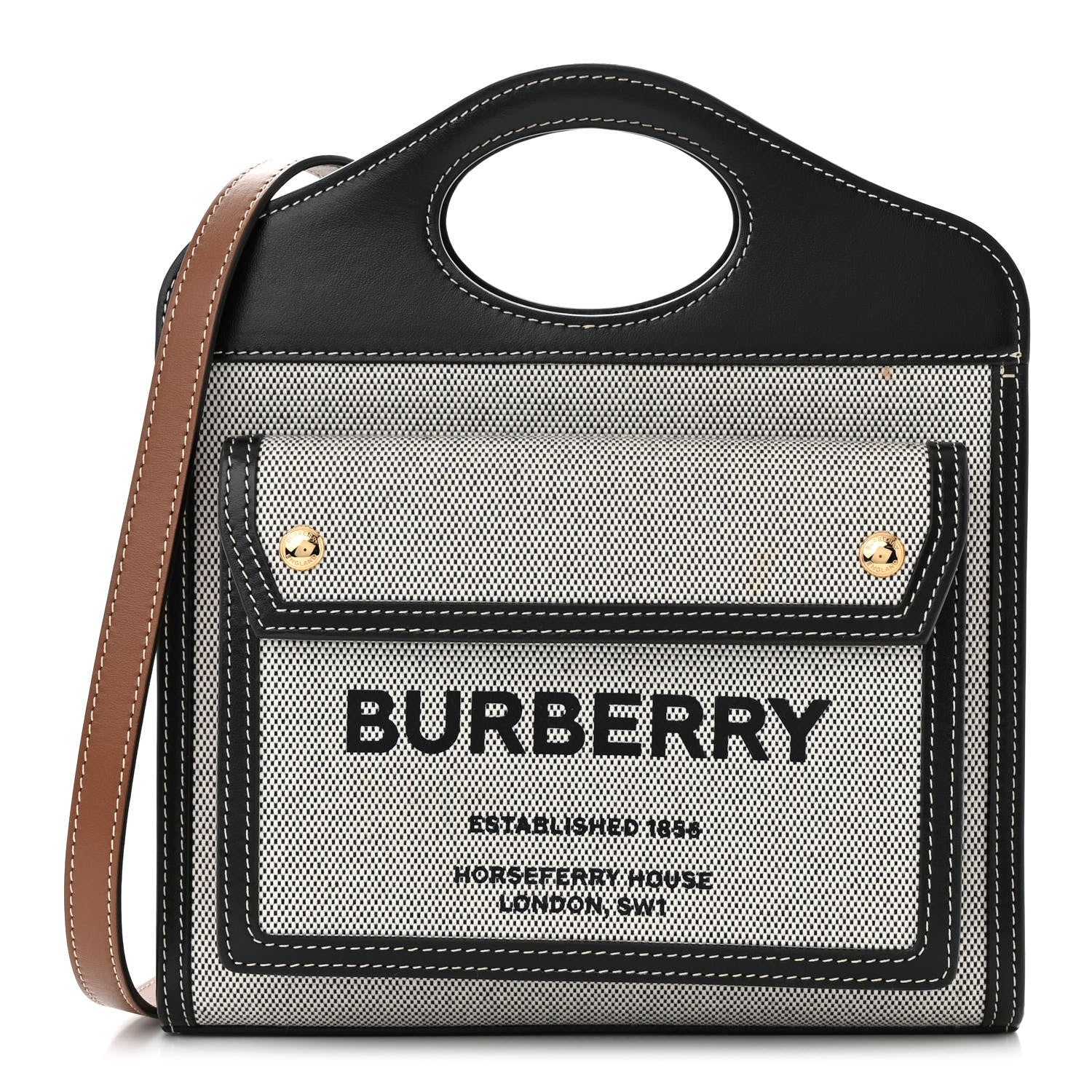 Burberry Smooth Calfskin Canvas Two Tone Mini Pocket Bag Black Tan 1 of 11