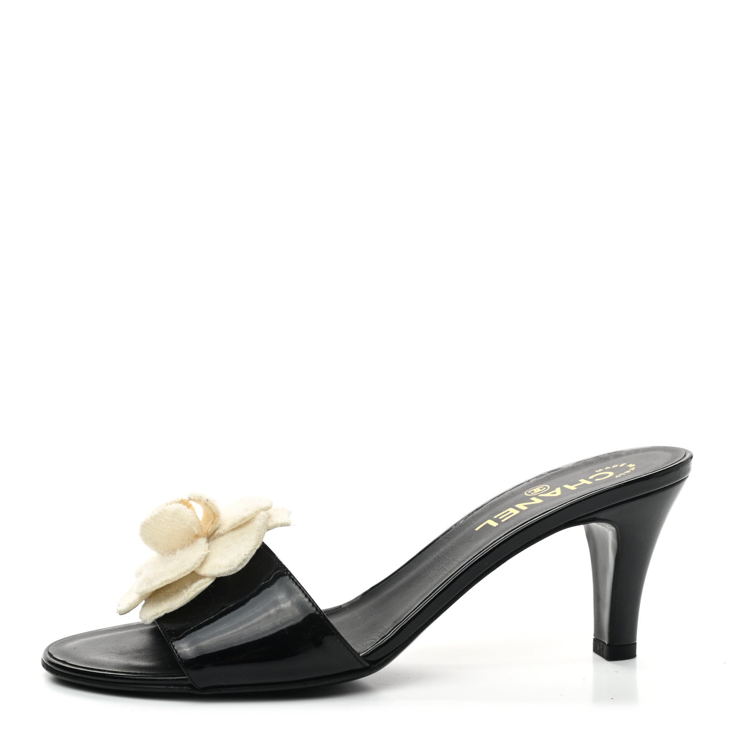 Patent Leather Camellia Mules 39 Black Ivory