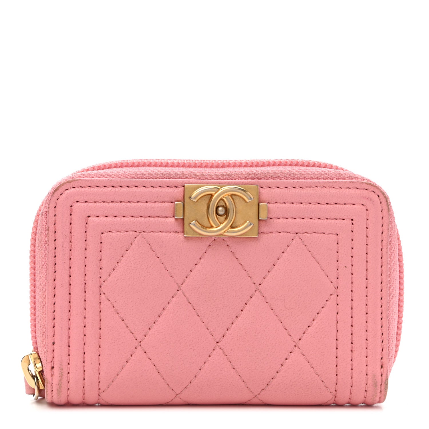 Chanel Lambskin Quilted Boy Zip Around Coin Purse Wallet Pink 1 of 11