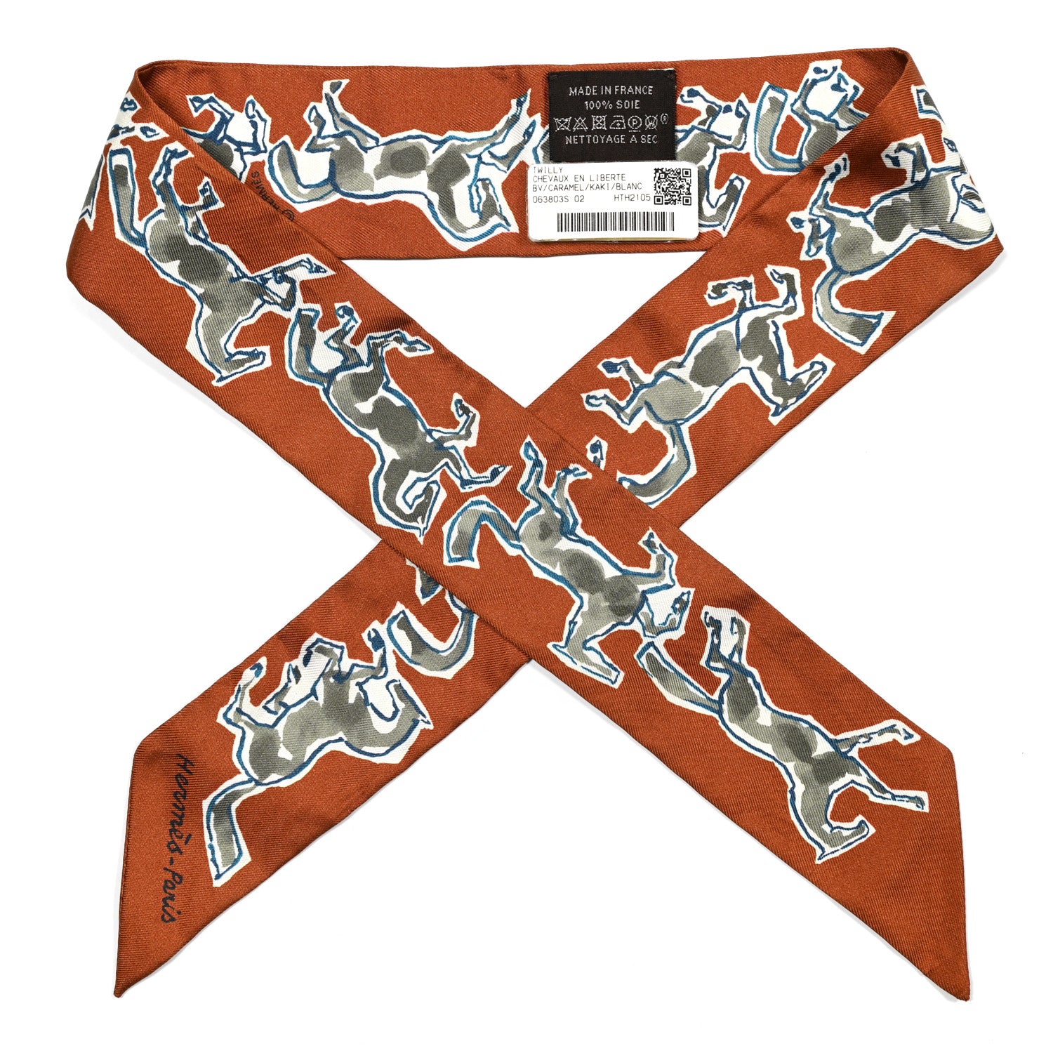 Hermes Silk Chevaux En Liberte Twilly Caramel Kaki White 1 of 5
