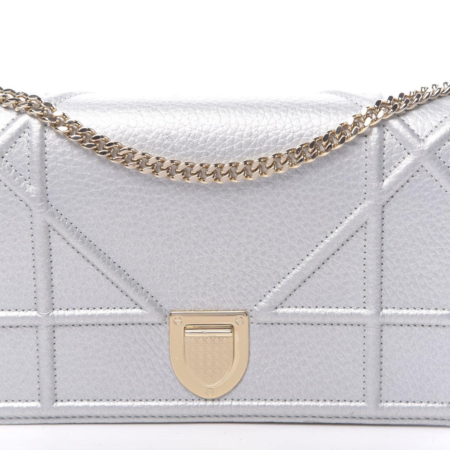 Metallic Grained Calfskin Diorama Wallet on Chain Pouch Silver