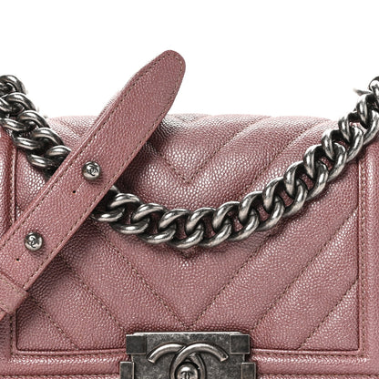Chanel Metallic Caviar Chevron Quilted Small Boy Flap Dark Pink 10 of 12