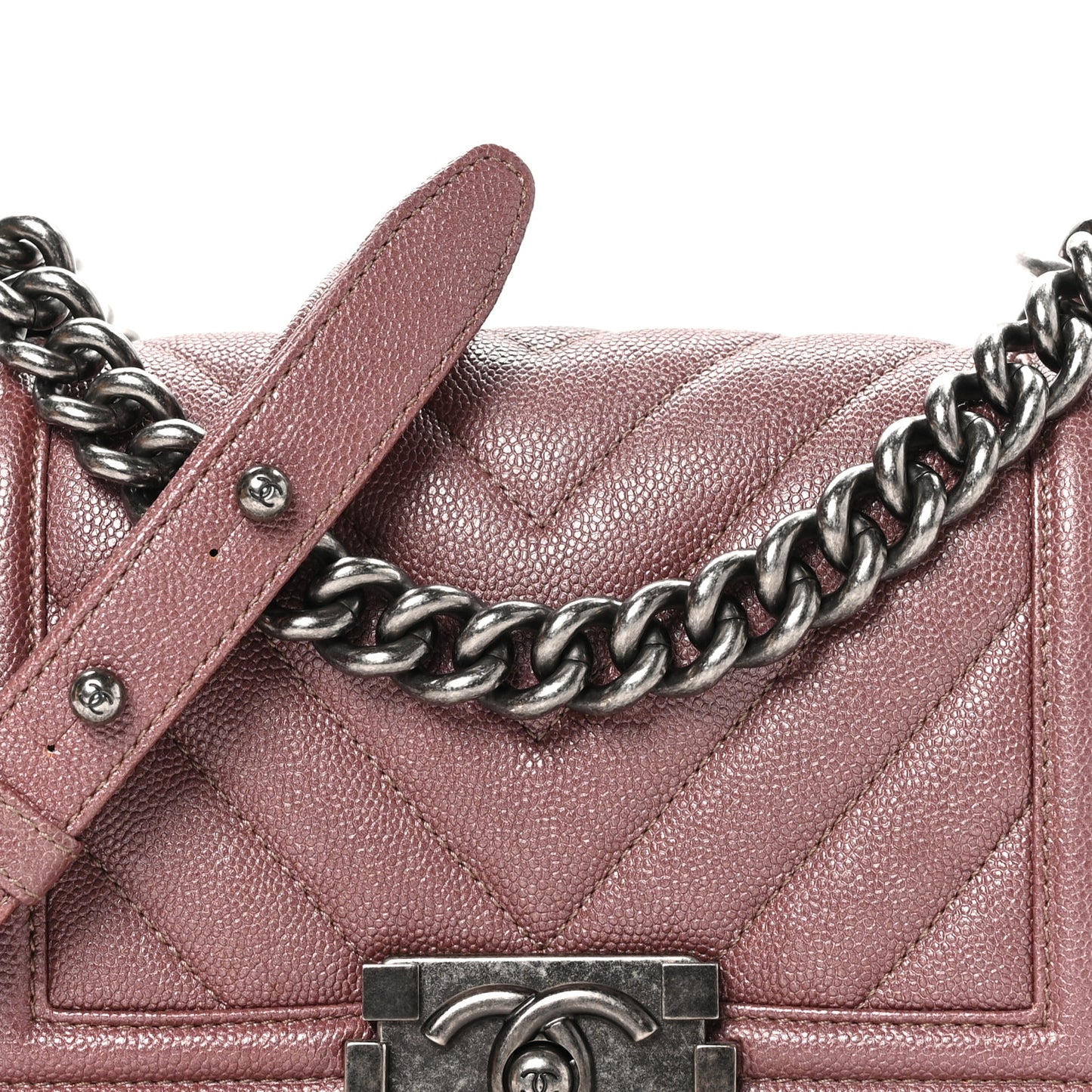 Metallic Caviar Chevron Quilted Small Boy Flap Dark Pink