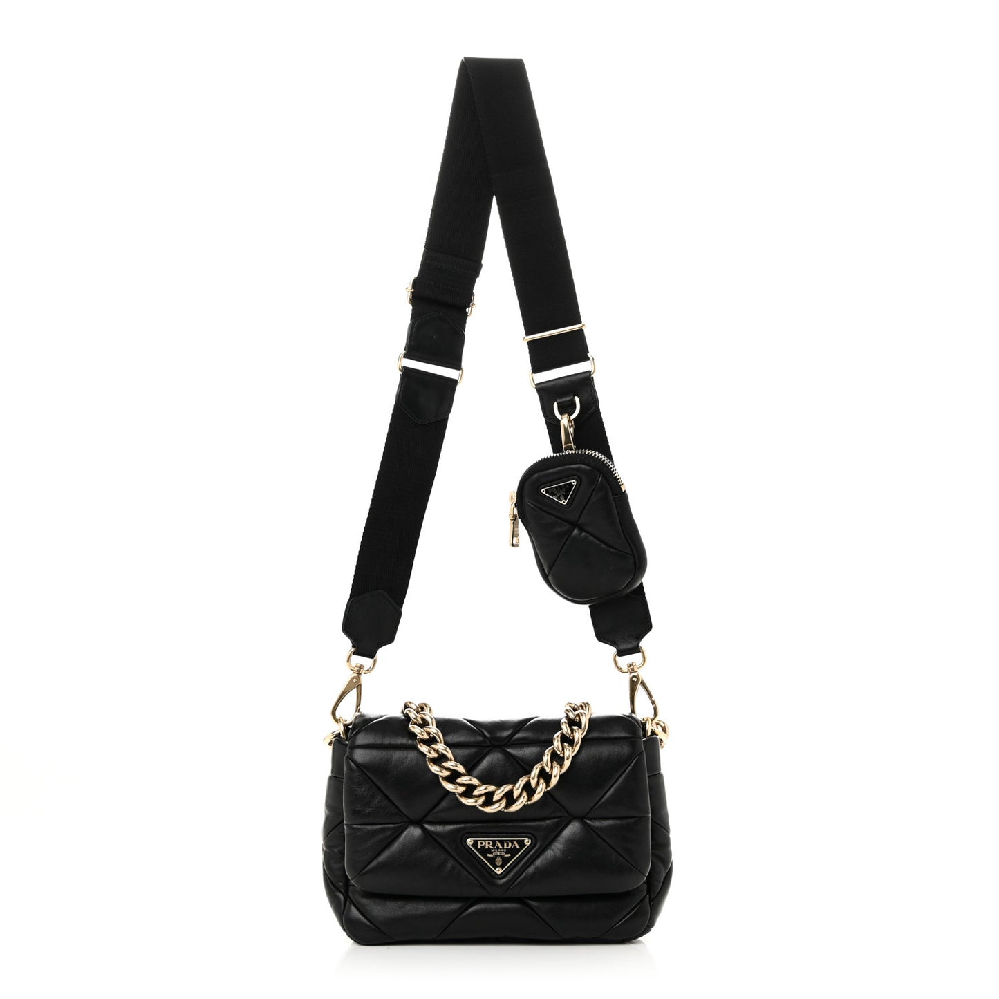 Nappa Re-Nylon Triangle Quilted Patchwork System Flap Shoulder Bag Black