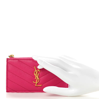 Saint Laurent Grain De Poudre Matelasse Chevron Monogram Fragments Zippered Card Case Fresh Fuxia 2 of 9