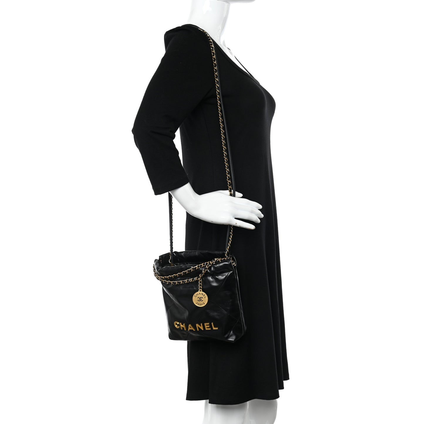Shiny Calfskin Quilted Mini Chanel 22 Black
