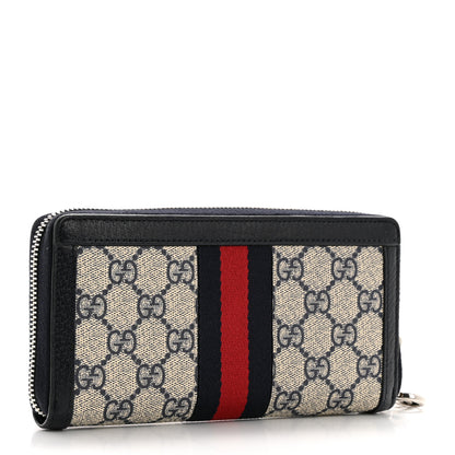 Gucci GG Supreme Monogram Textured Dollar Calfskin Web Ophidia Zip Around Wallet Beige Blue 3 of 9