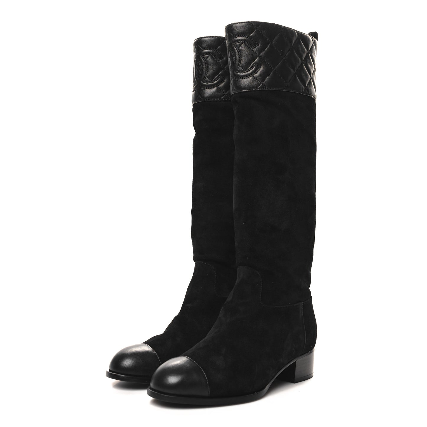 Suede Calfskin Lambskin Quilted Knee High Boots 37 Black