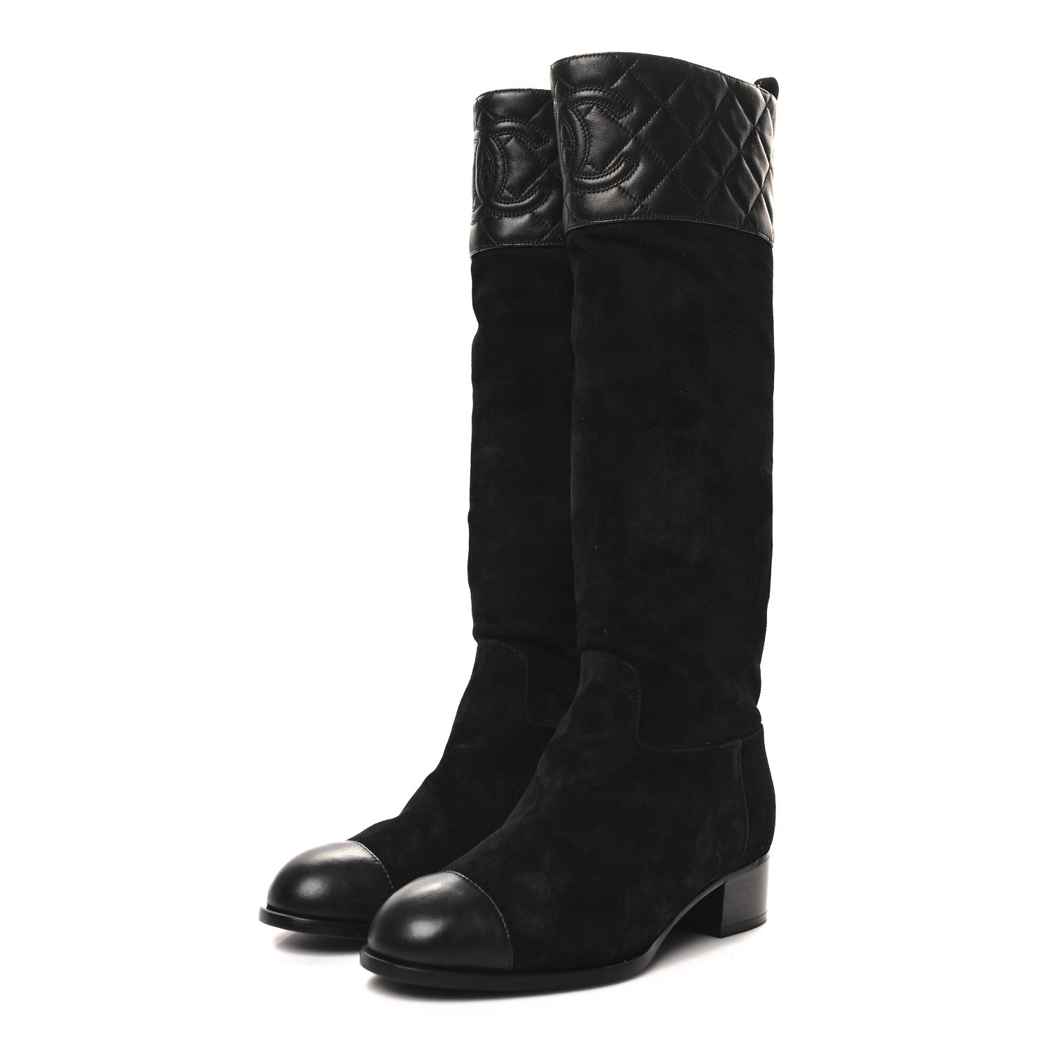 Chanel Suede Calfskin Lambskin Quilted Knee High Boots 37 Black 3 of 8
