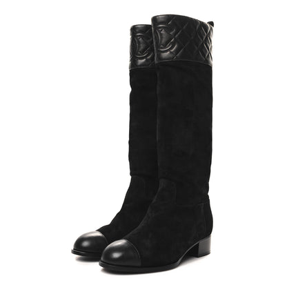 Chanel Suede Calfskin Lambskin Quilted Knee High Boots 37 Black 3 of 8
