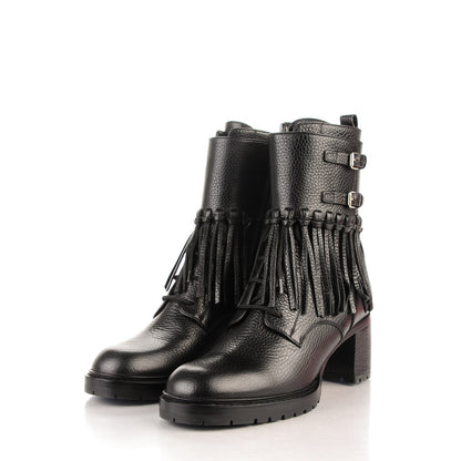 Valentino Garavani Calfskin Fringe Combat Boots 38.5 Black 3 of 9