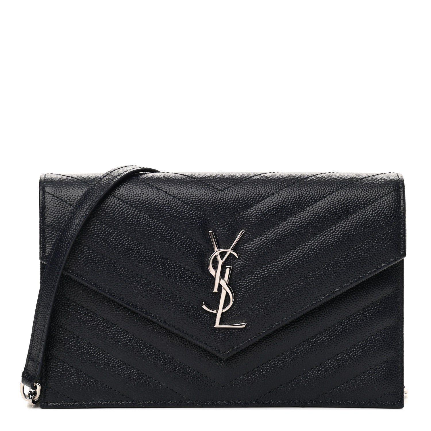 Saint Laurent Grain De Poudre Matelasse Chevron Monogram Envelope Chain Wallet Navy 1 of 10