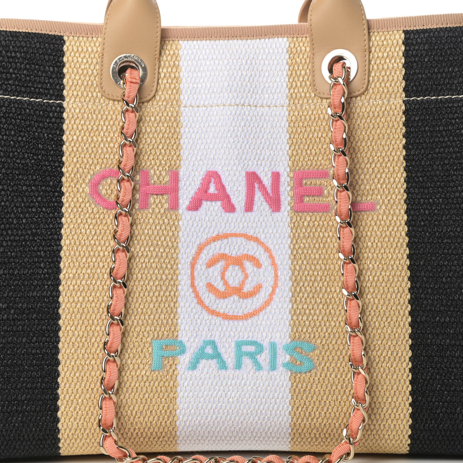 Chanel Straw Raffia Calfskin Striped Medium Deauville Tote Black Beige Ivory 8 of 12