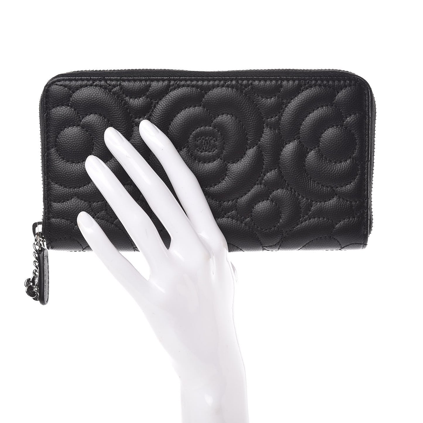 Caviar Camellia Embossed Large Gusset Zip Around Wallet