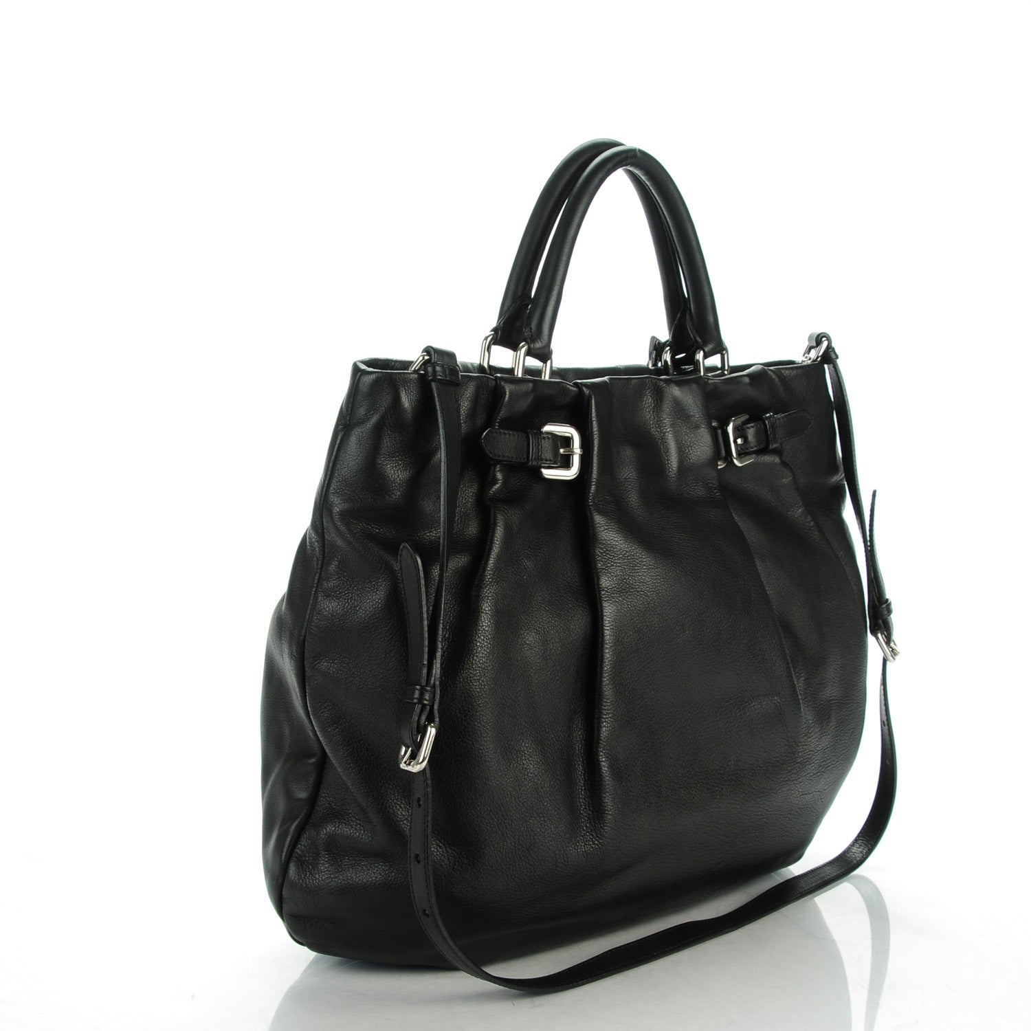 Prada Soft Calf Pleated Shopping Tote Nero Black 3 of 9
