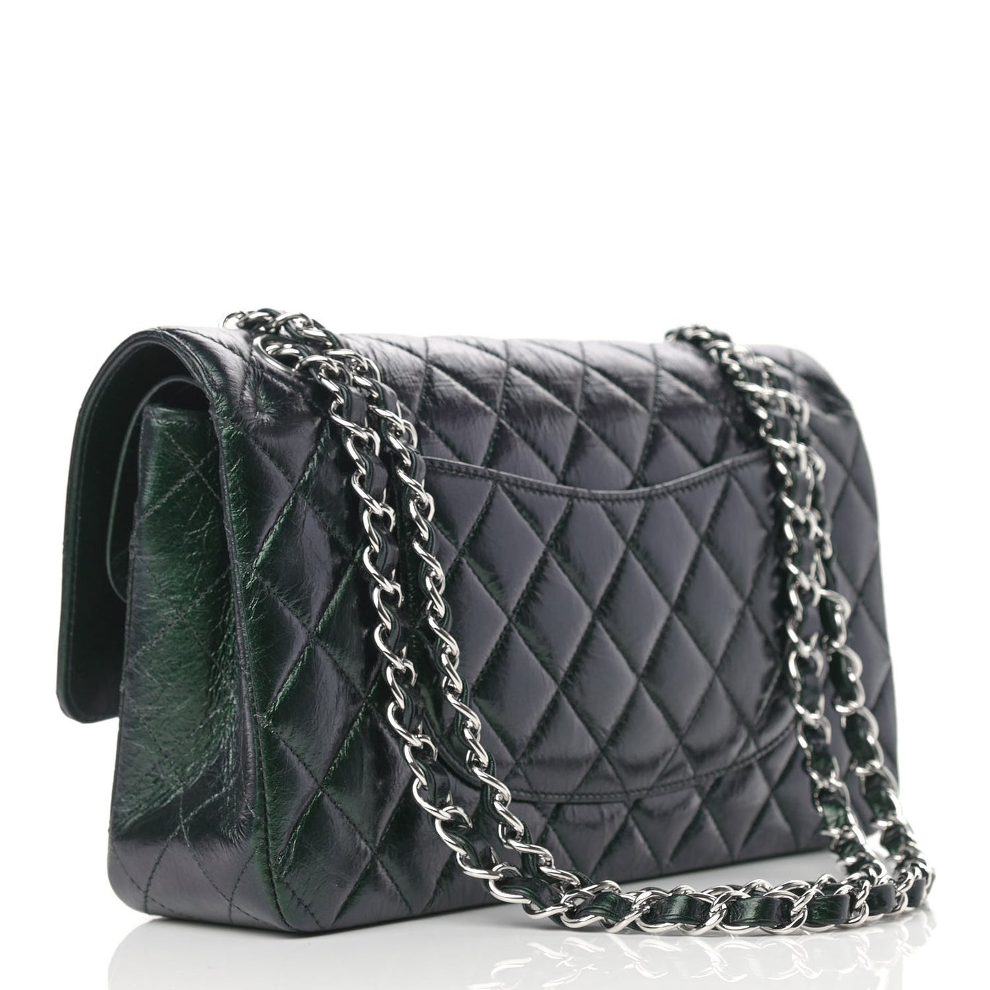 Iridescent Crumpled Calfskin Quilted Medium Double Flap Black