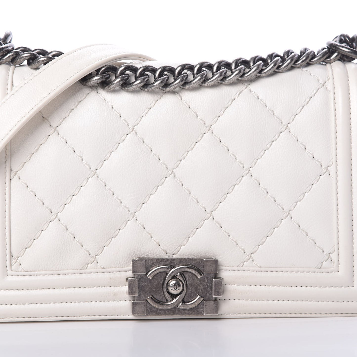 Calfskin Double Stitch Medium Boy Flap White