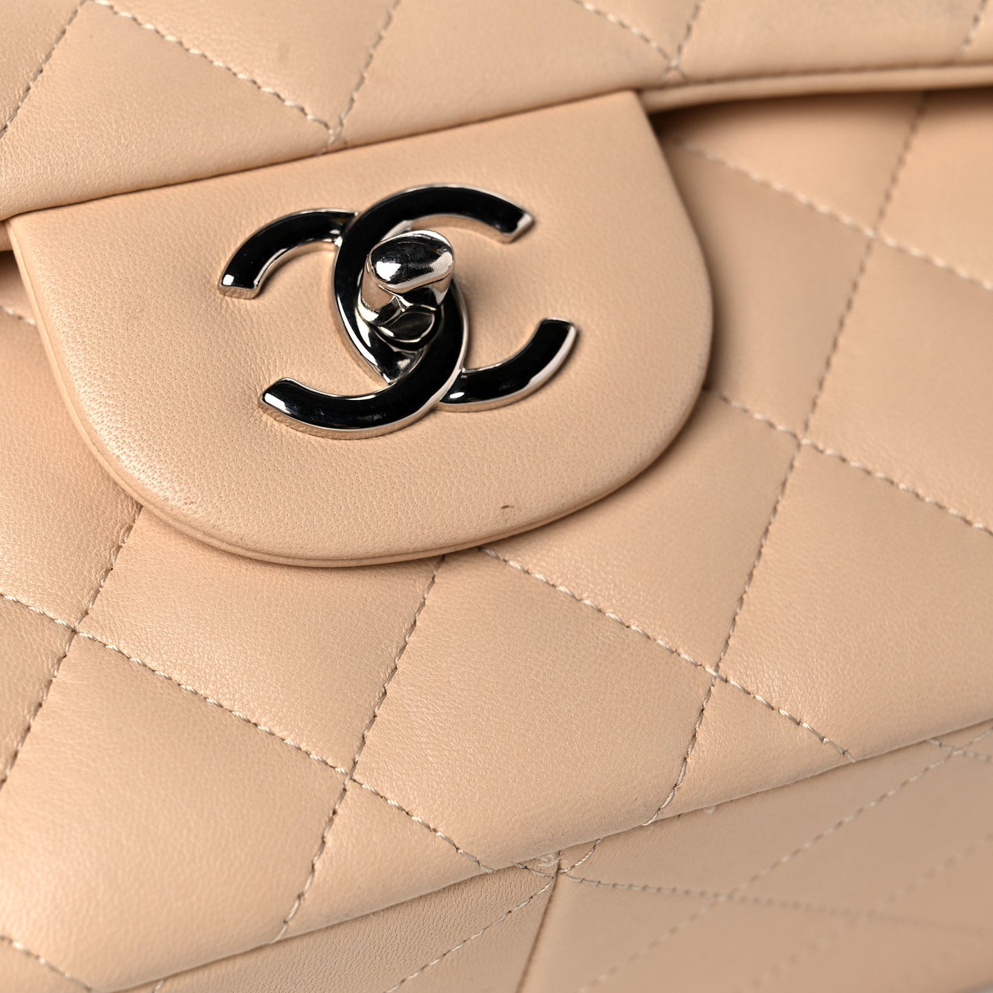 Lambskin Quilted Jumbo Double Flap Beige