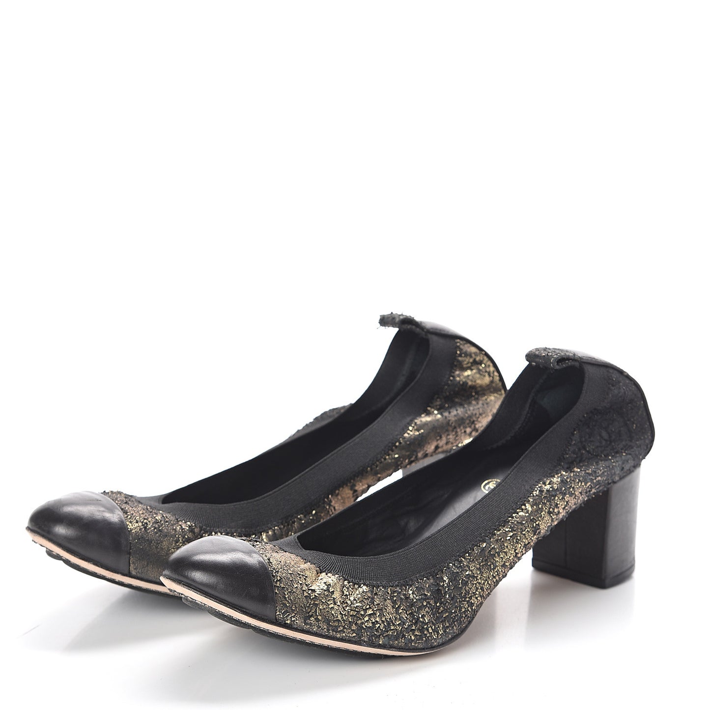 Metallic Lambskin Cap Toe CC Elastic Stretch Pumps 38.5 Black