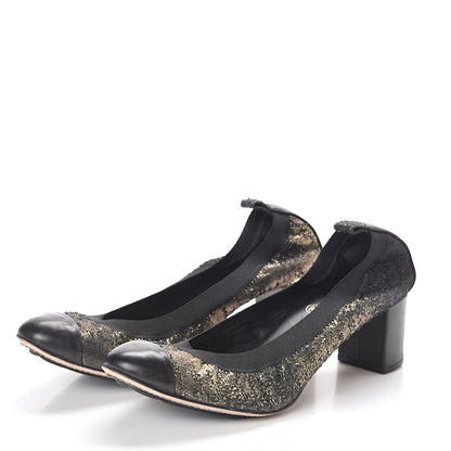 Chanel Metallic Lambskin Cap Toe CC Elastic Stretch Pumps 38.5 Black 3 of 13