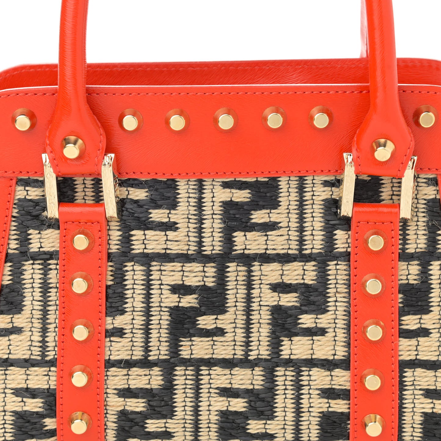 Raffia Calfskin FF Studded Satchel Orange