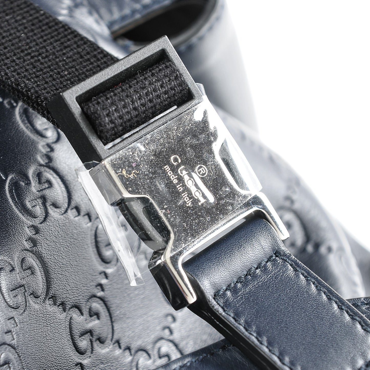 Guccissima Signature Double Buckle Backpack Blue