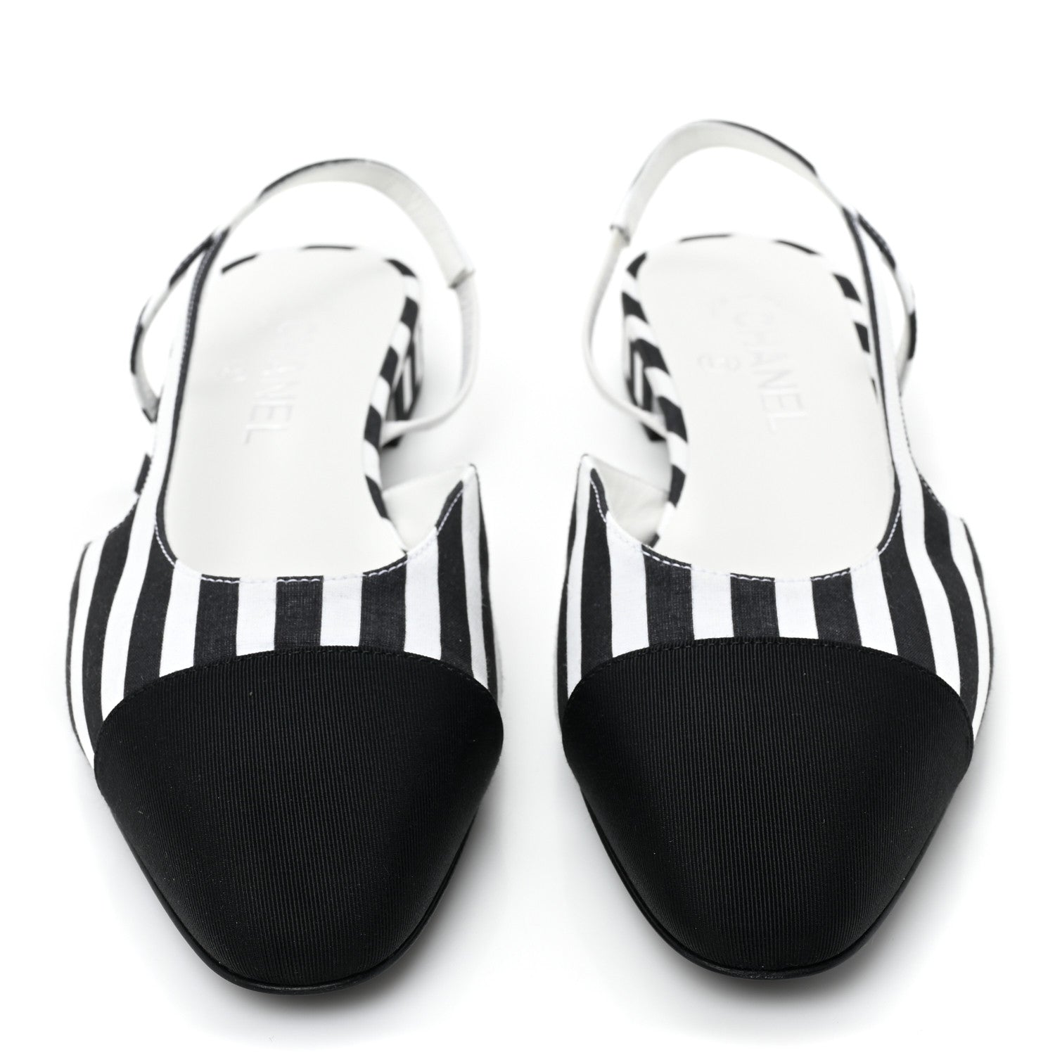 Chanel Fabric Grosgrain Cap Toe CC Slingback Flats 39 White Black 2 of 8