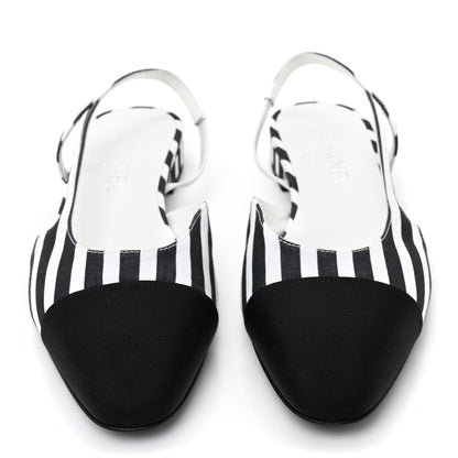 Chanel Fabric Grosgrain Cap Toe CC Slingback Flats 39 White Black 2 of 8