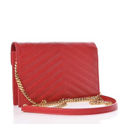Saint Laurent Grain De Poudre Matelasse Chevron Monogram Envelope Chain Wallet New Red 3 of 12