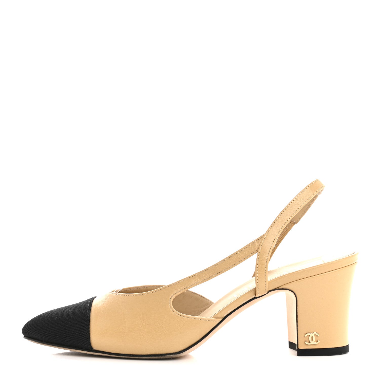 Chanel Goatskin Grosgrain Cap Toe CC Slingback Pumps 37.5 Beige Black 1 of 10